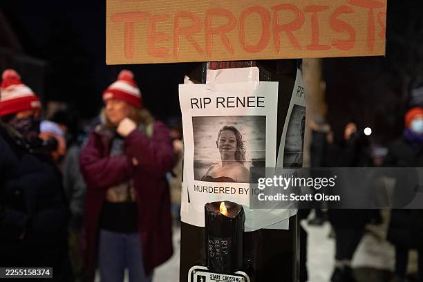 Notice reading "RIP Renee, murdered by ICE" is seen next to a memorial for Renee Nicole Good on January 07, 2026 in Minneapolis, Minnesota. According...