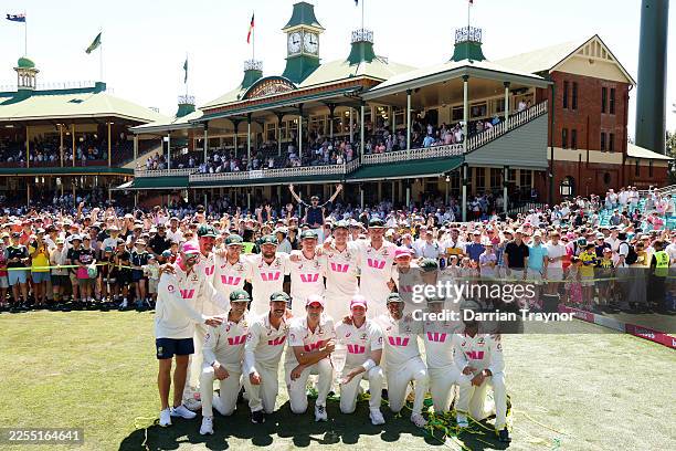 The Australian team celebrate after day five of the Fifth Test in the 2025/26 Ashes Series between Australia and England at Sydney Cricket Ground on...