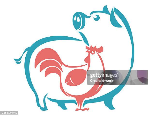funny rooster and pig symbol - looking up thinking stock illustrations