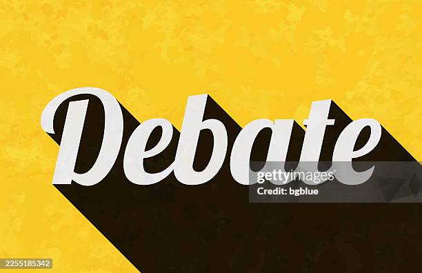 debate - text with long shadow on textured yellow background - debate background stock illustrations