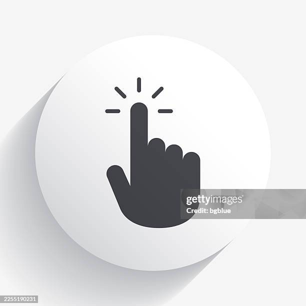 click with hand cursor. icon on circle button with long shadow - mouse pointer stock illustrations