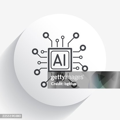 Processor with artificial intelligence AI. Icon on circle button with long shadow Processor with artificial intelligence AI. Icon on circle button with long shadow