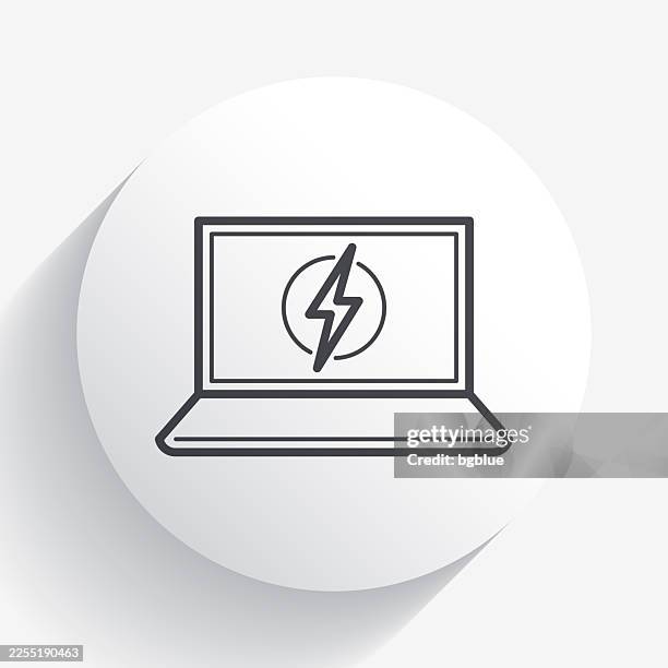 laptop with electricity symbol. icon on circle button with long shadow - computer loading circle stock illustrations