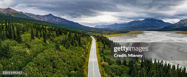 delta river valley alaska range aerial view with richardson highway usa - off the beaten path stock pictures, royalty-free photos & images