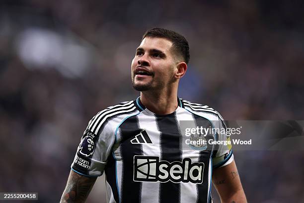 Bruno Guimaraes of Newcastle United reacts during the Premier League match between Newcastle United and Leeds United at St James' Park on January 07,...