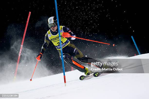 Eduard Hallberg of Finland competes during the Audi FIS Alpine Ski World Cup Men's Slalom at 3Tre Canalone Miramonti slope on January 07, 2026 in...