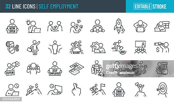 self employment thin line icons - editable stroke - small business owner computer stock illustrations