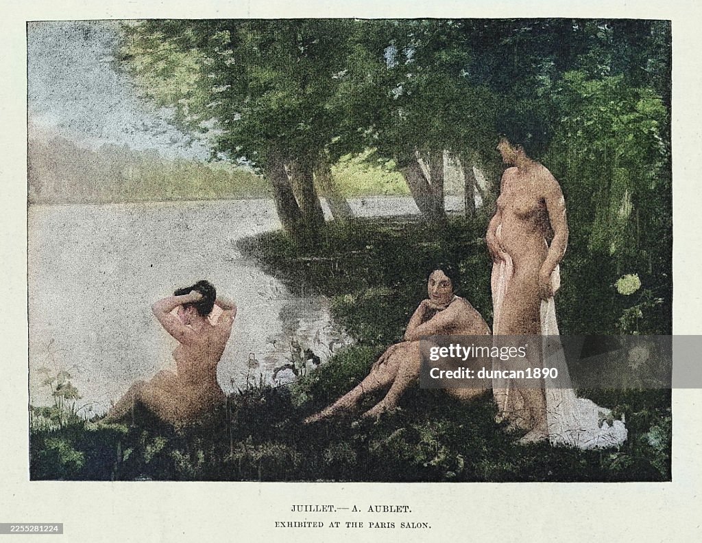 Three beautiful women bathing in a river, Juillet after Albert Aublet, Vintage illustration, 19th Century, 1890s