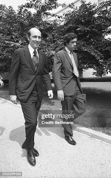 David Young , former aide to President Nixon’s national security affairs advisor, Henry Kissinger, leaves a House Armed Services subcommittee after...