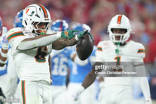 Charmar Brown of the Miami Hurricanes celebrates a first down against the Ole Miss Rebels in the first quarter during the 2025 College Football...