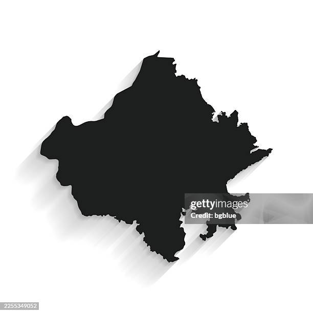 black rajasthan map with long shadow on white background - flat design - rajasthan stock illustrations