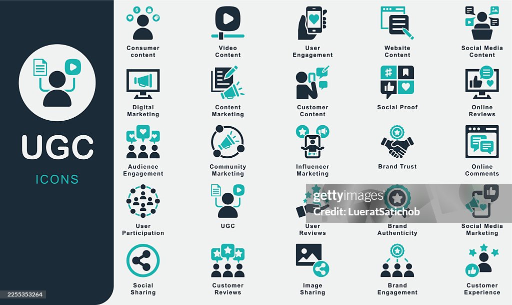 User Generated Content UGC solid icons collection.Containing UGC, social media content, customer, consumer, brand engagement, online , reviews, social sharing, digital marketing, community, influencer