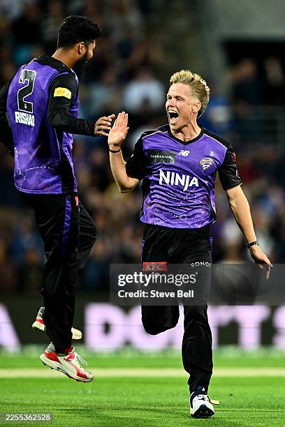 Nathan Ellis of the Hurricanes celebrates the wicket of Chris Lynn of the Strikersduring the BBL match between Hobart Hurricanes and Perth Scorchers...