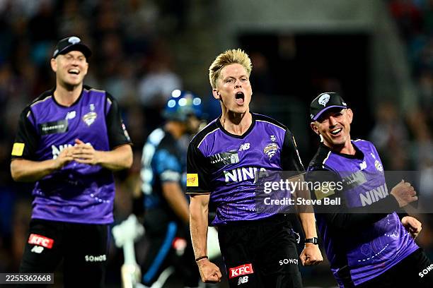 Nathan Ellis of the Hurricanes celebrates the wicket of Chris Lynn of the Strikersduring the BBL match between Hobart Hurricanes and Perth Scorchers...