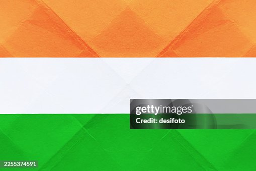 Empty blank white creased folded paper making diagonal checked diamond pattern grid textured crushed three colored striped bordered horizontal vector background with orange green as top bottom edge border as in Indian, Irish, Niger Côte d'Ivoire flag Empty blank white creased folded paper making diagonal checked diamond pattern grid textured crushed three colored striped bordered horizontal vector background with orange green as top bottom edge border as in Indian, Irish, Niger Côte d'Ivoire flag
