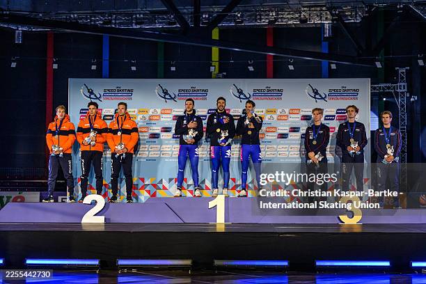 Team Netherlads, Team Italy and Team Norway poses for a photo after medal ceremony of Men’s Team Pursuit race during the ISU Speed Skating European...