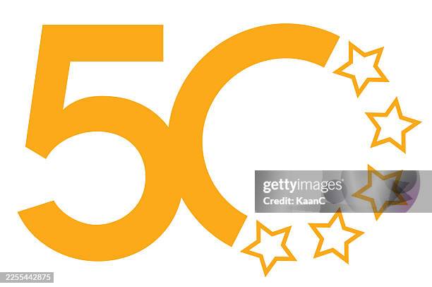 ilustrações de stock, clip art, desenhos animados e ícones de 50 years anniversary emblem with stars and curved arc vector illustration - número 50