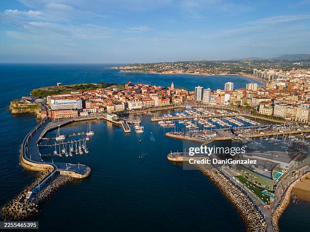 gijón city marina and historical center aerial view - gijon stock pictures, royalty-free photos & images