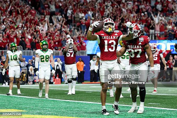 Elijah Sarratt of the Indiana Hoosiers celebrates a touchdown catch against the Oregon Ducks during the second quarter in the 2025 College Football...