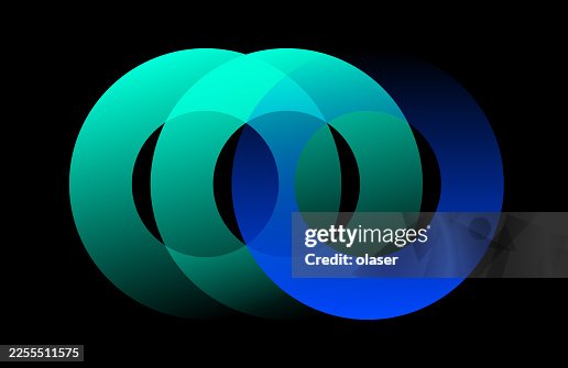 Three interlocking circles create a dynamic visual effect with vibrant turquoise and deep blue hues against a solid black background. Three interlocking circles create a dynamic visual effect with vibrant turquoise and deep blue hues against a solid black background.