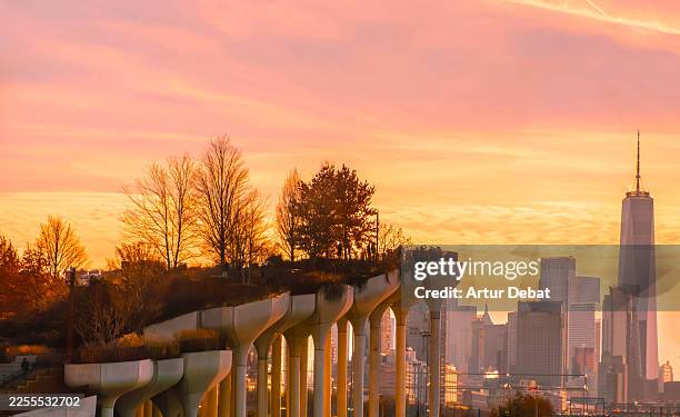 people on top of the little island park at sunset with the one world trade center, new york city - west village stock pictures, royalty-free photos & images