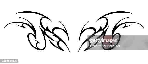 black tribal tattoo design element with sharp symmetrical wings.abstract spiked gothic ornament for automotive or apparel design. symmetrical tribal art vector illustration in sharp black lines - goth stock illustrations