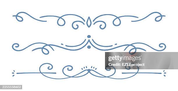 set of elegant blue hand drawn ornamental dividers - wedding stock illustrations