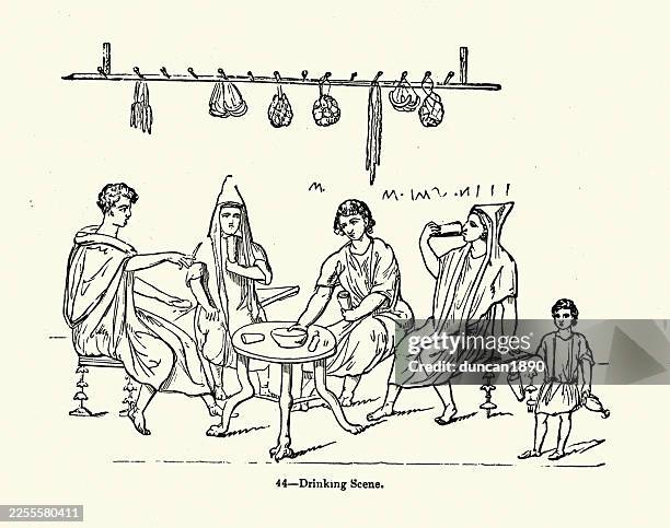 ilustrações de stock, clip art, desenhos animados e ícones de history ancient rome, roman, people drinking in a tavern, food, sausage, drying, hanging from hooks, vintage illustration - grécia antiga