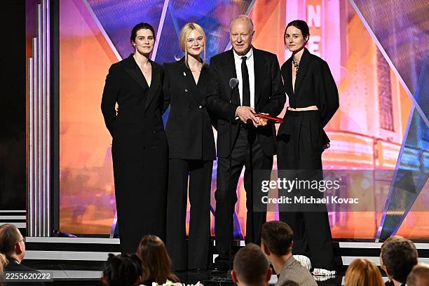 Inga Ibsdotter Lilleaas, Elle Fanning, Stellan Skarsgård, and Renate Reinsve accept Best Intergen/Foreign for "Sentimental Value" onstage during the...