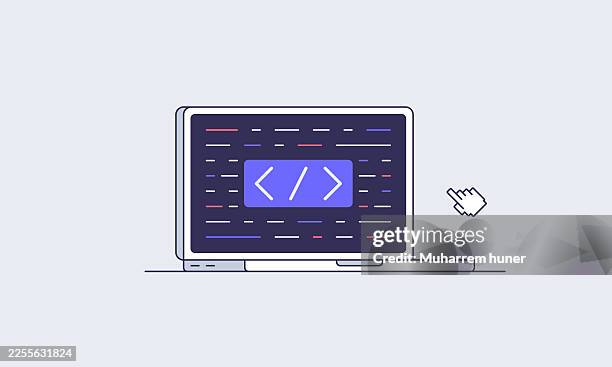 laptop with code editor screen and programming concept illustration - code of conduct icon stock illustrations