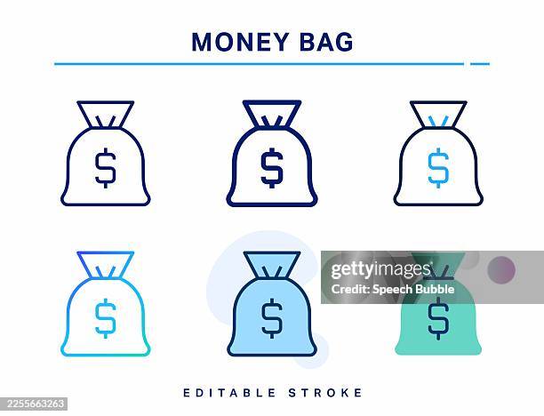 ilustraciones, imágenes clip art, dibujos animados e iconos de stock de icono de la cola de la bolsa de dinero. trazo editable. icono vectorial. - bolsa de dinero