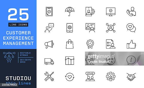 customer experience management and user satisfaction line icons. crm strategy, client support, and service feedback symbols - customer experience concept stock illustrations
