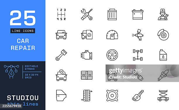 car repair and automotive maintenance line icons. garage services, vehicle diagnostics, and mechanic tool symbols - car door stock illustrations