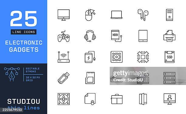 electronic gadgets and computer hardware line icons. computer peripherals, consumer electronics, and it infrastructure symbols - hard drive stock illustrations