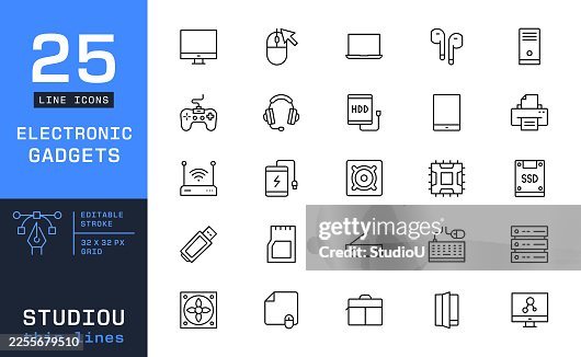 Electronic Gadgets and Computer Hardware Line Icons. Computer Peripherals, Consumer Electronics, and IT Infrastructure Symbols Electronic Gadgets and Computer Hardware Line Icons. Computer Peripherals, Consumer Electronics, and IT Infrastructure Symbols