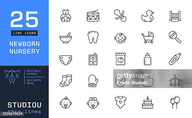 ilustraciones, imágenes clip art, dibujos animados e iconos de stock de iconos de la línea de guardería y cuidado infantil. esenciales para bebés, equipos de cuidado infantil y símbolos de bienestar para niños pequeños - osito de peluche