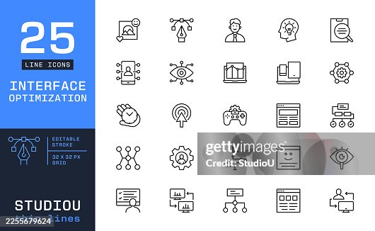 Interface Optimization and User Experience Line Icons. Conversion Rate, Web Efficiency, and Digital Workflow Systems Interface Optimization and User Experience Line Icons. Conversion Rate, Web Efficiency, and Digital Workflow Systems