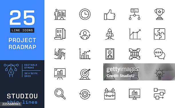 project roadmap and strategic planning line icons. business milestone tracking, execution workflow, and operational success symbols - performance targets stock illustrations