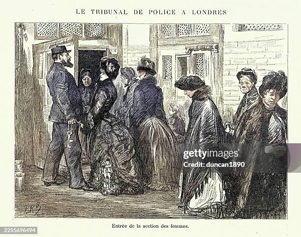 history crime and punishment, women entering a police court, london, vintage illustration 19th century 1890s, french text, no no sir that is not true - metropolitan police stock illustrations