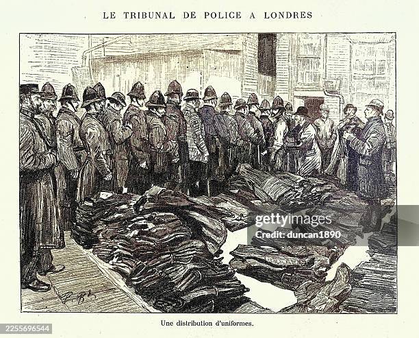 handing out uniform to officers, police station, london, vintage illustration 19th century 1890s, french text - metropolitan police stock illustrations