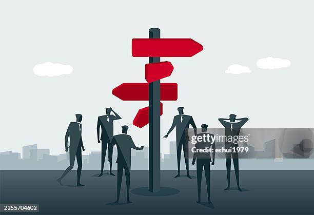 team decision making and strategic direction - crossroads decision stock illustrations