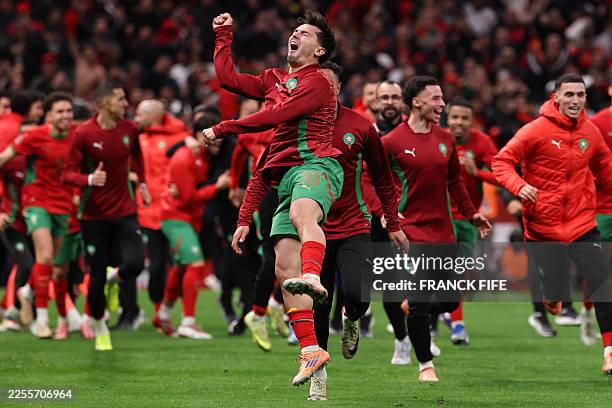 Morocco's forward Brahim Diaz celebrates after winning the Africa Cup of Nations semi-final football match between Nigeria and Morocco at the Prince...