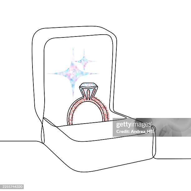 engagement ring proposal continuous line drawing with rose gold color elements and sparkles - gold ring stock illustrations