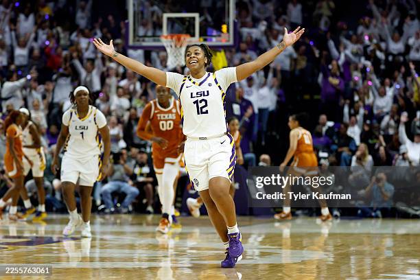 Mikaylah Williams of the LSU Tigers celebrates after making a basket during the second half of a game against the Texas Longhorns at Pete Maravich...