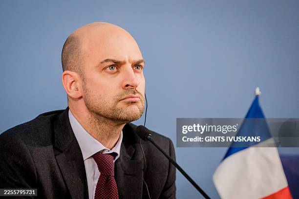 France's Foreign Affairs Minister, Minister for Europe Jean-Noel Barrot looks on during a joint press conference with Latvian Foreign Minister at the...