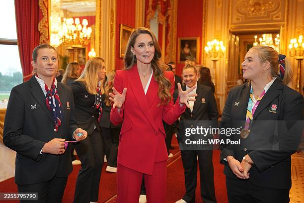 Britain's Catherine, Princess of Wales, meets members of the England Women's rugby team at Windsor Castle on January 15, 2026 in Windsor, United...