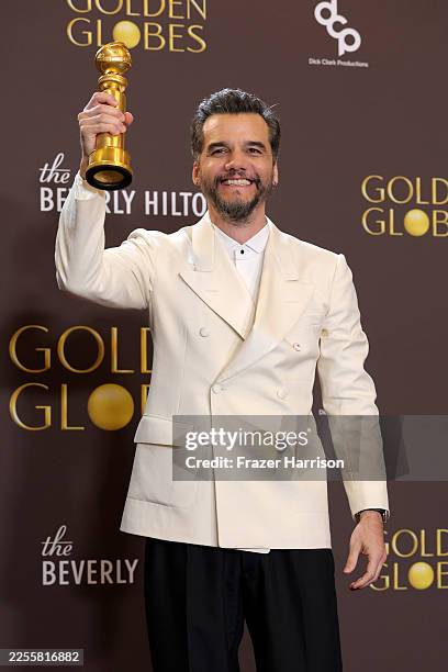 Wagner Moura, winner of the Best Performance by a Male Actor in a Motion Picture – Drama award for "The Secret Agent,” poses in the press room during...