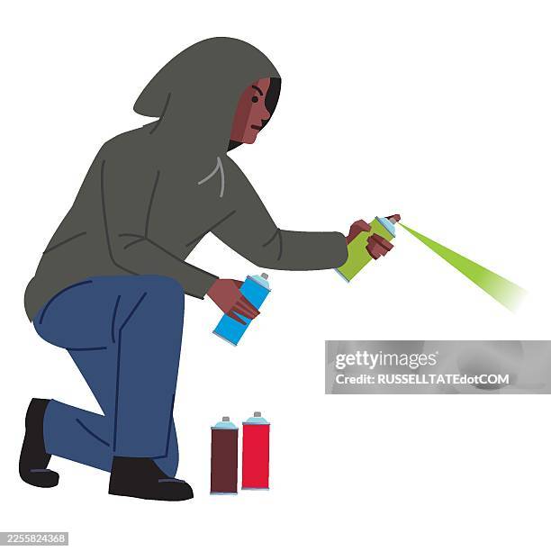 crouching disguised graffiti tagger defacing public property with illegal spray paint - outdoor mural stock illustrations