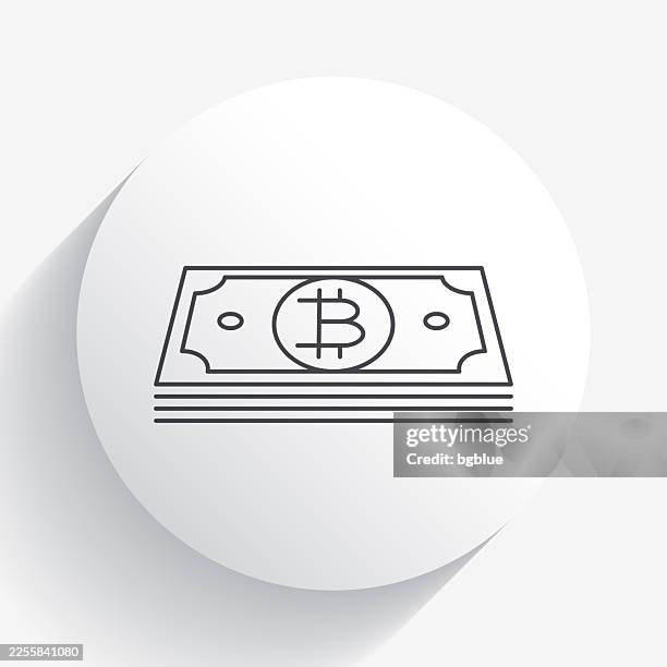 bitcoin banknotes. icon on circle button with long shadow - paper stack on white stock illustrations