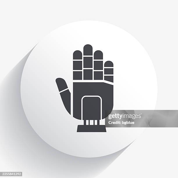 robot hand. icon on circle button with long shadow - android hand stock illustrations